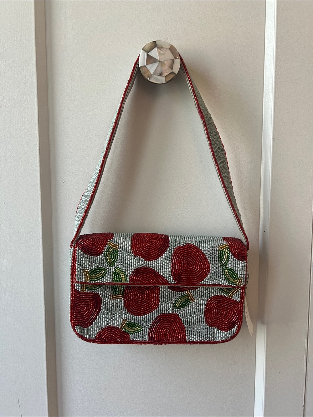 Anthropologie Red Beaded Rose Shoulder Bag